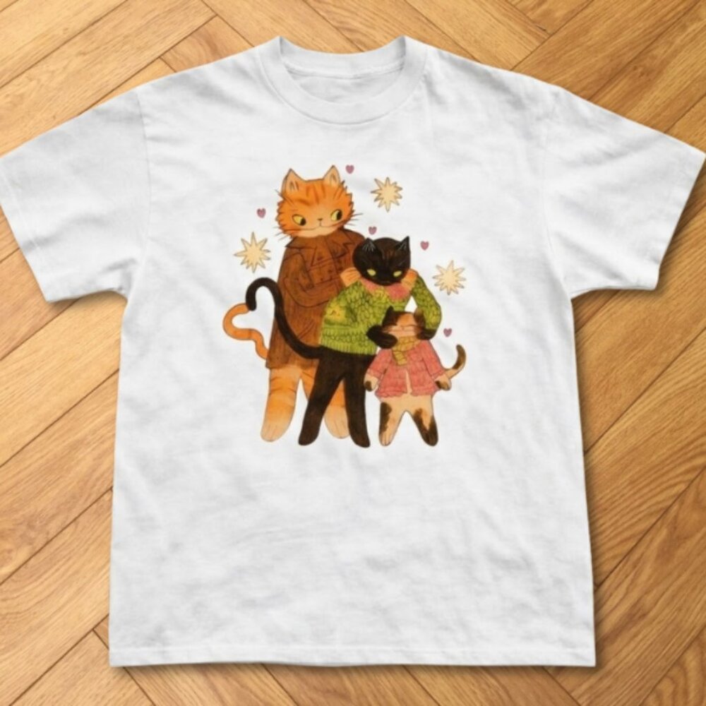 White Cute Cat Family Hug Graphic T-Shirt Romantic Animal Illustration Tee